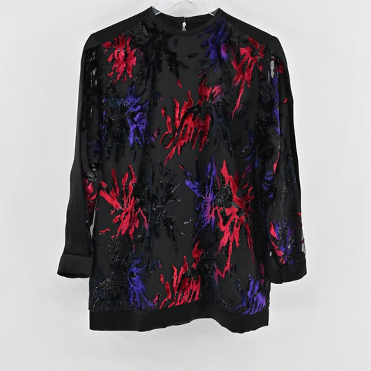 Vtg 80 Velvet Burnout Top Size 10 Dramatic Dopamine Retro Glam Red Purple Sheer