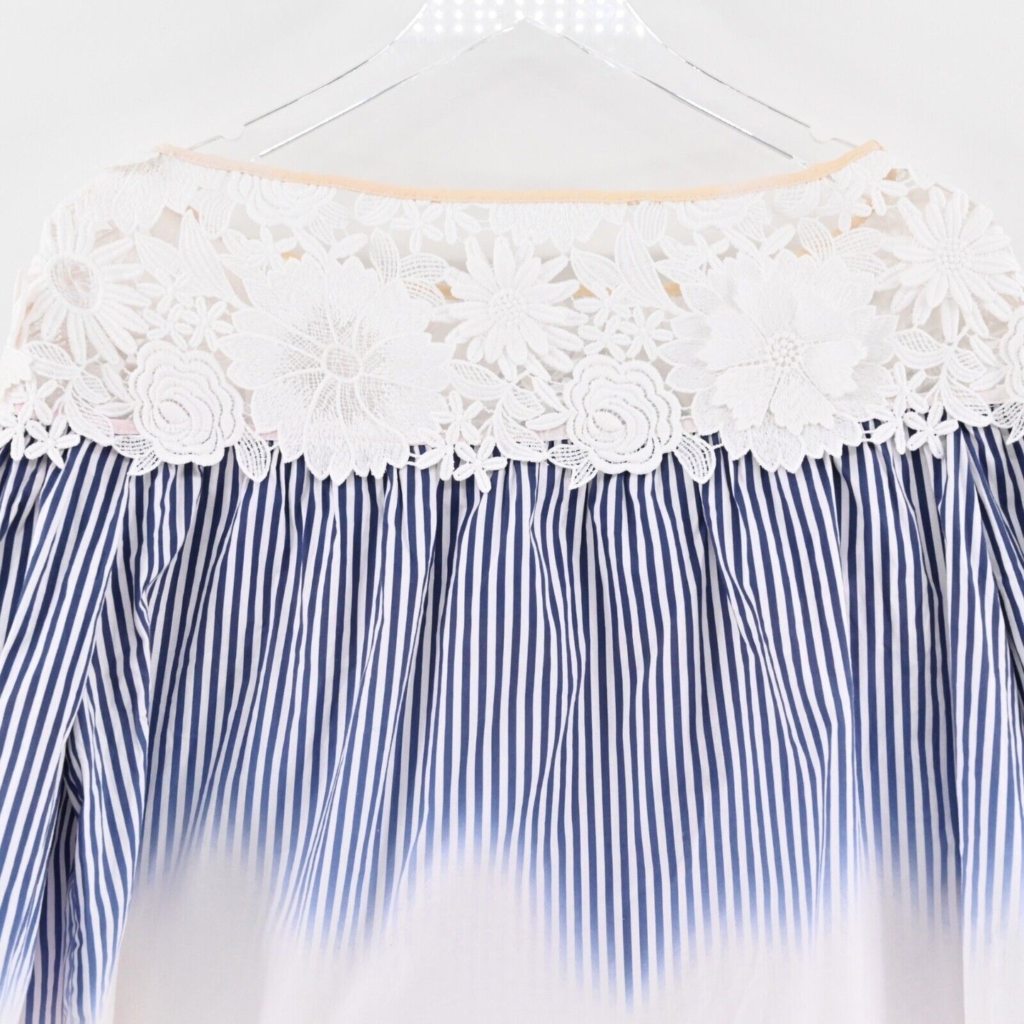 MILLY Top Womens Sz 10 Blue Stripe Lace Cotton Off The Shoulder Bell Sleeve USA