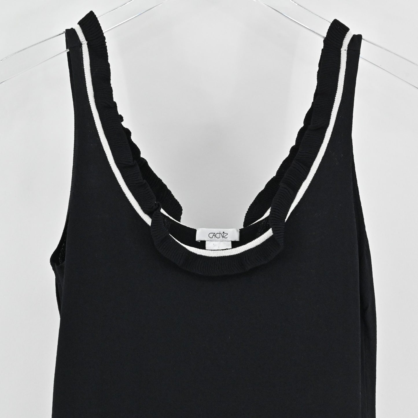 Vtg Cache Womens Knit Black Sleeveless Top Size S Ruffle Neck White Trim Blouse