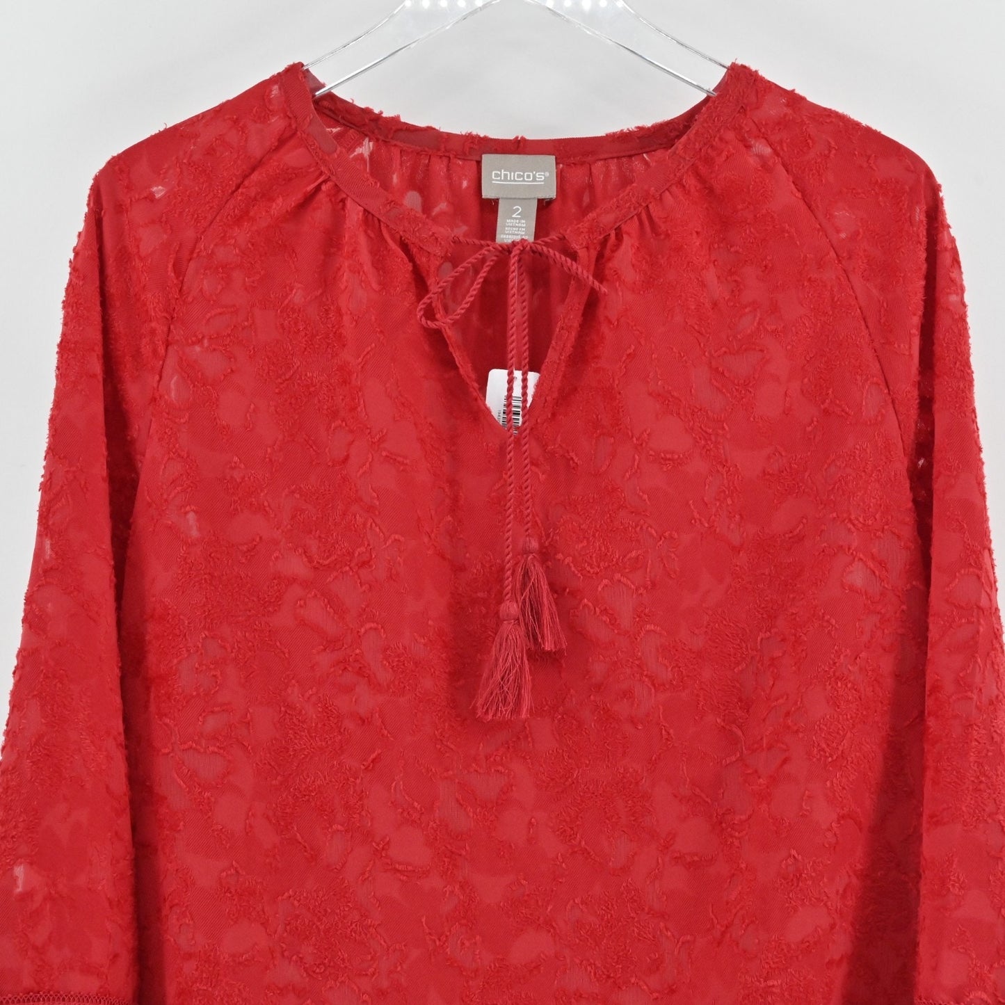 Chicos Clipped Jacquard Tie Front Top Size L Razzie Red Popover Balloon Sleeve