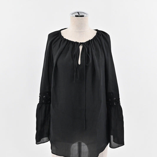 HAUTE HIPPIE Top Womens Sz M Black Silk Tie Neck Lace Up Bell Sleeve Boho Grunge