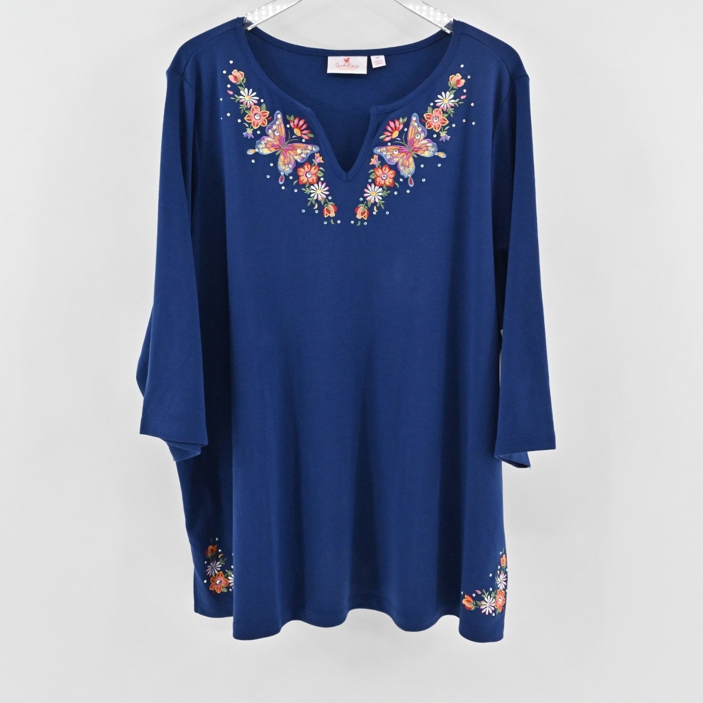 Quacker Factory Womens Spring is in the Air Split Neck Top Size 3X Embroidered