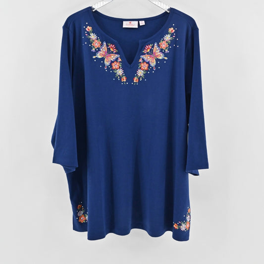 Quacker Factory Womens Spring is in the Air Split Neck Top Size 3X Embroidered