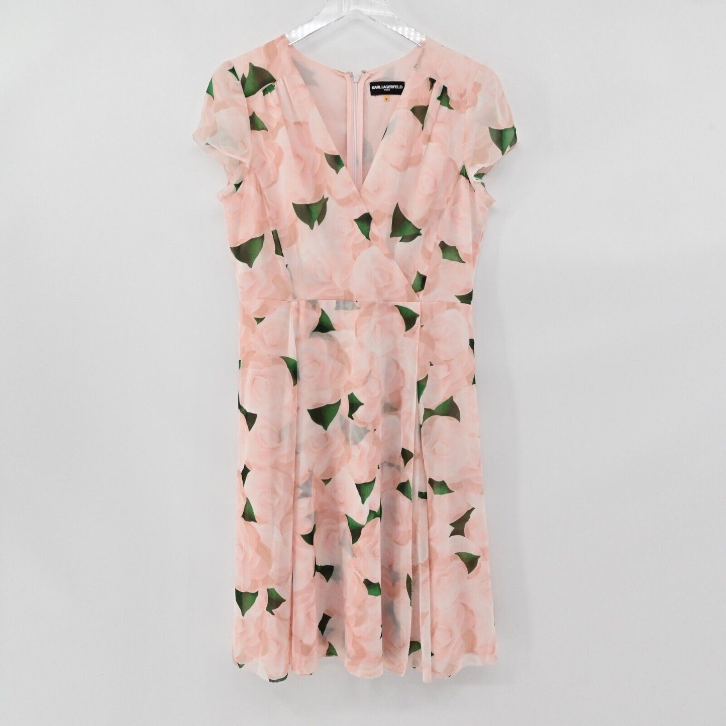 KARL LAGERFELD Dress Womens Size 8 Pink Floral Chiffon Flutter Sleeve Faux Wrap