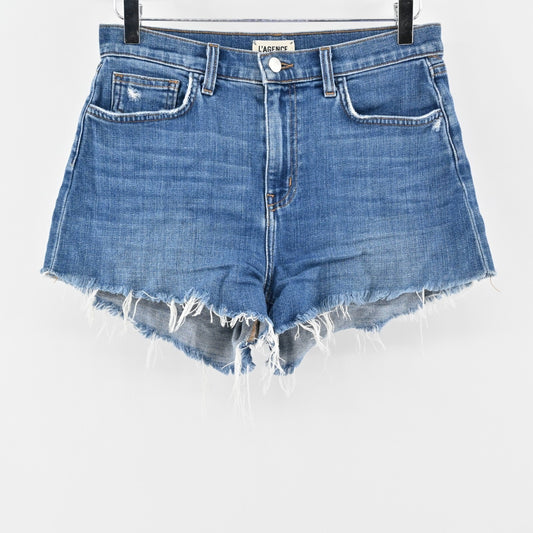 L'AGENCE Womens Denim Cutoff Shorts Size 27 Raw Hem High Rise Blue Jean Stretch