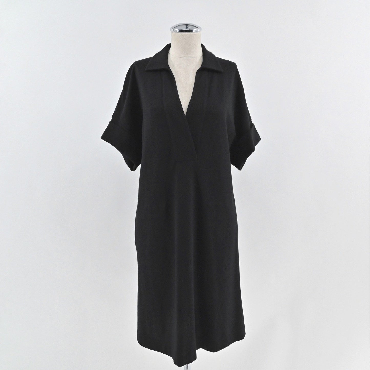 Lafayette 148 Toni Collared Dress Size S Black Minimalist VNeck Midi Modern Chic