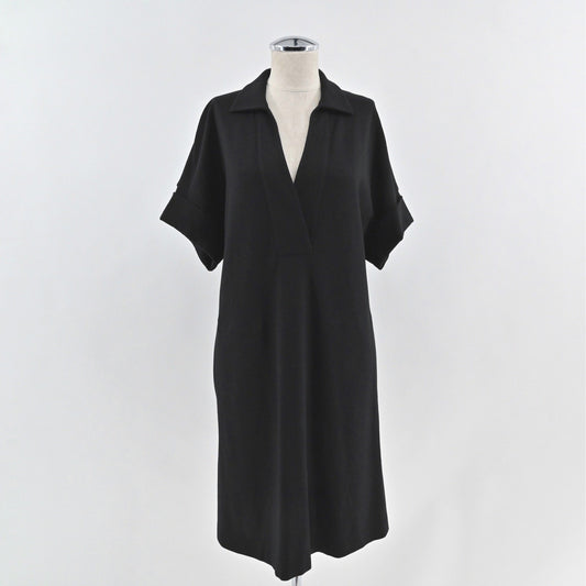 Lafayette 148 Toni Collared Dress Size S Black Minimalist VNeck Midi Modern Chic