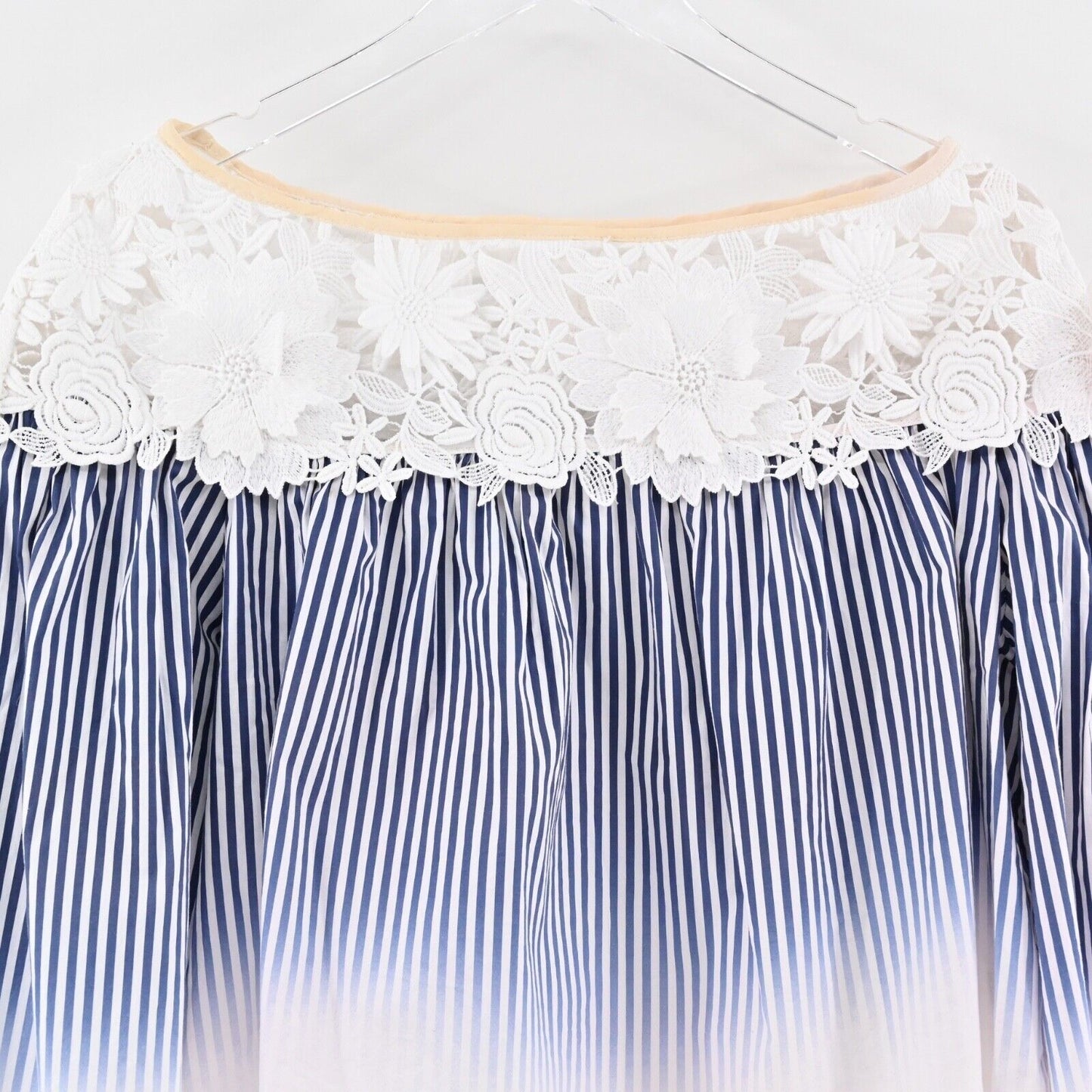 MILLY Top Womens Sz 10 Blue Stripe Lace Cotton Off The Shoulder Bell Sleeve USA