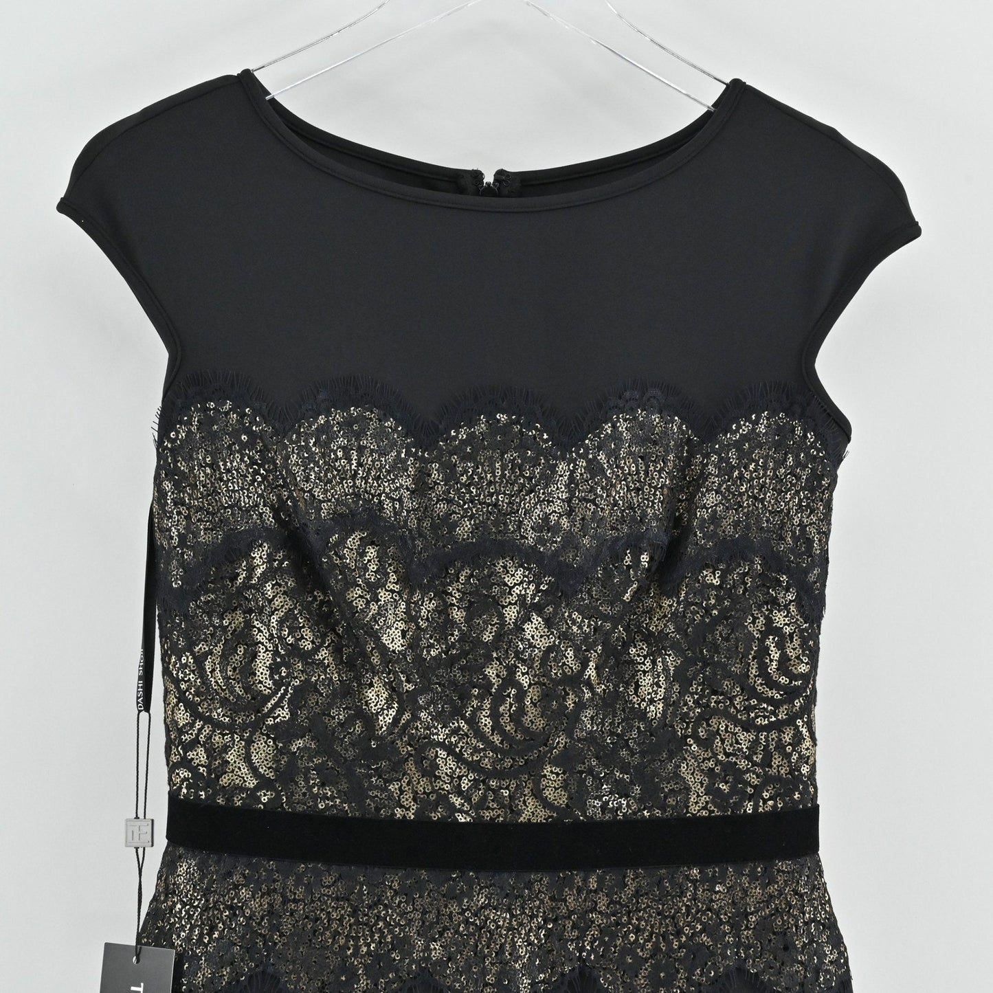 Tadashi Shoji Lace Dress Size 2 Black Gold Romantic Career Elegant Cocktail Glam