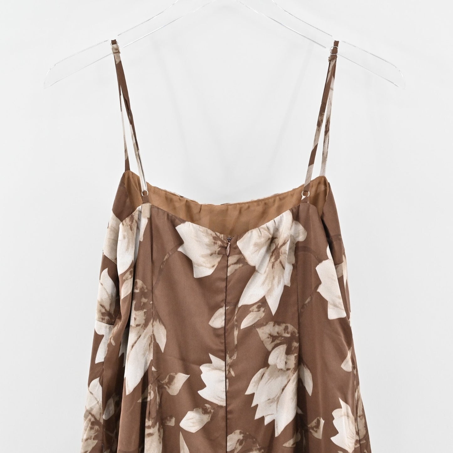 LULUS Midi Dress Size L Naturally Serene Brown Floral Satin Seamed Sleeveless