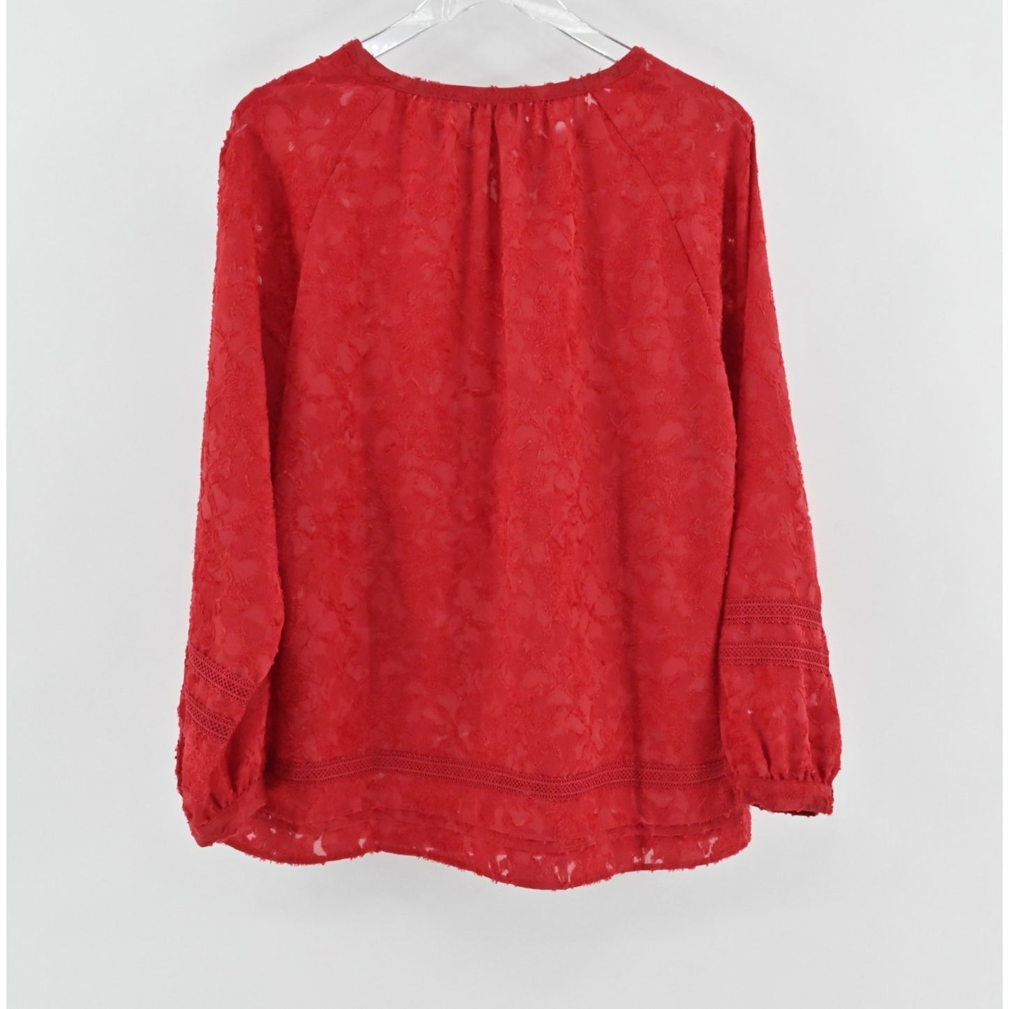 Chicos Clipped Jacquard Tie Front Top Size L Razzie Red Popover Balloon Sleeve