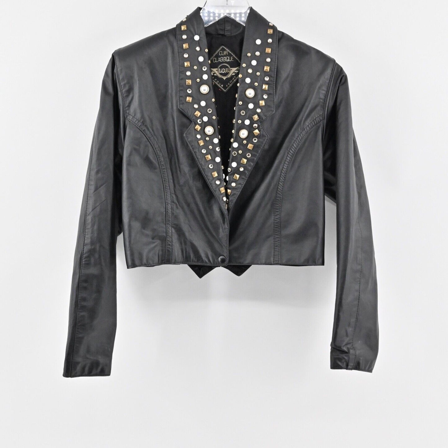 VINTAGE Leather Jacket Womens Sz M Black Studded Crop Moto Grunge Retro USA 80s