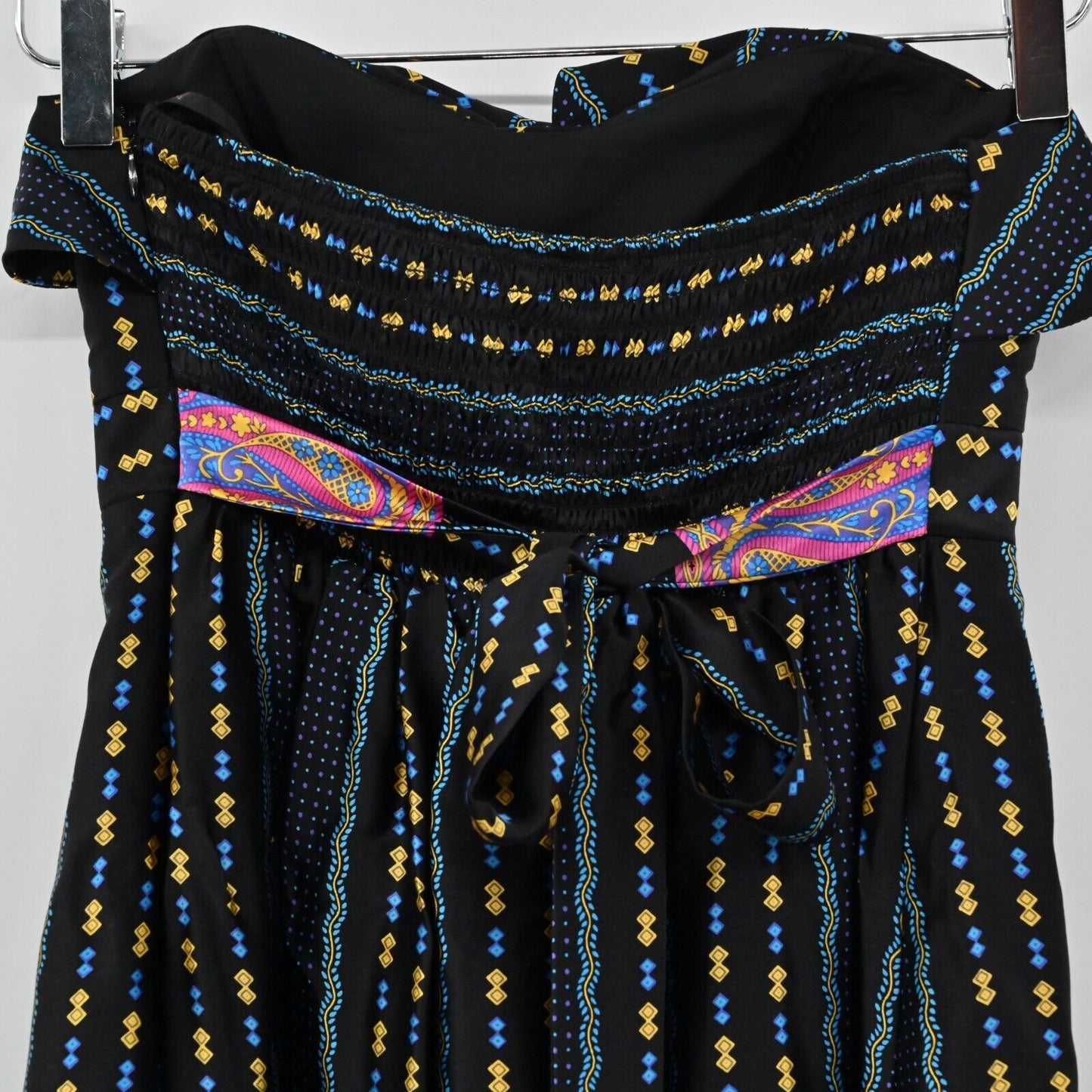 Vtg BETSEY JOHNSON Dress Womens Sz 4 Silk Y2K Strapless Multicolor Print Ruffle