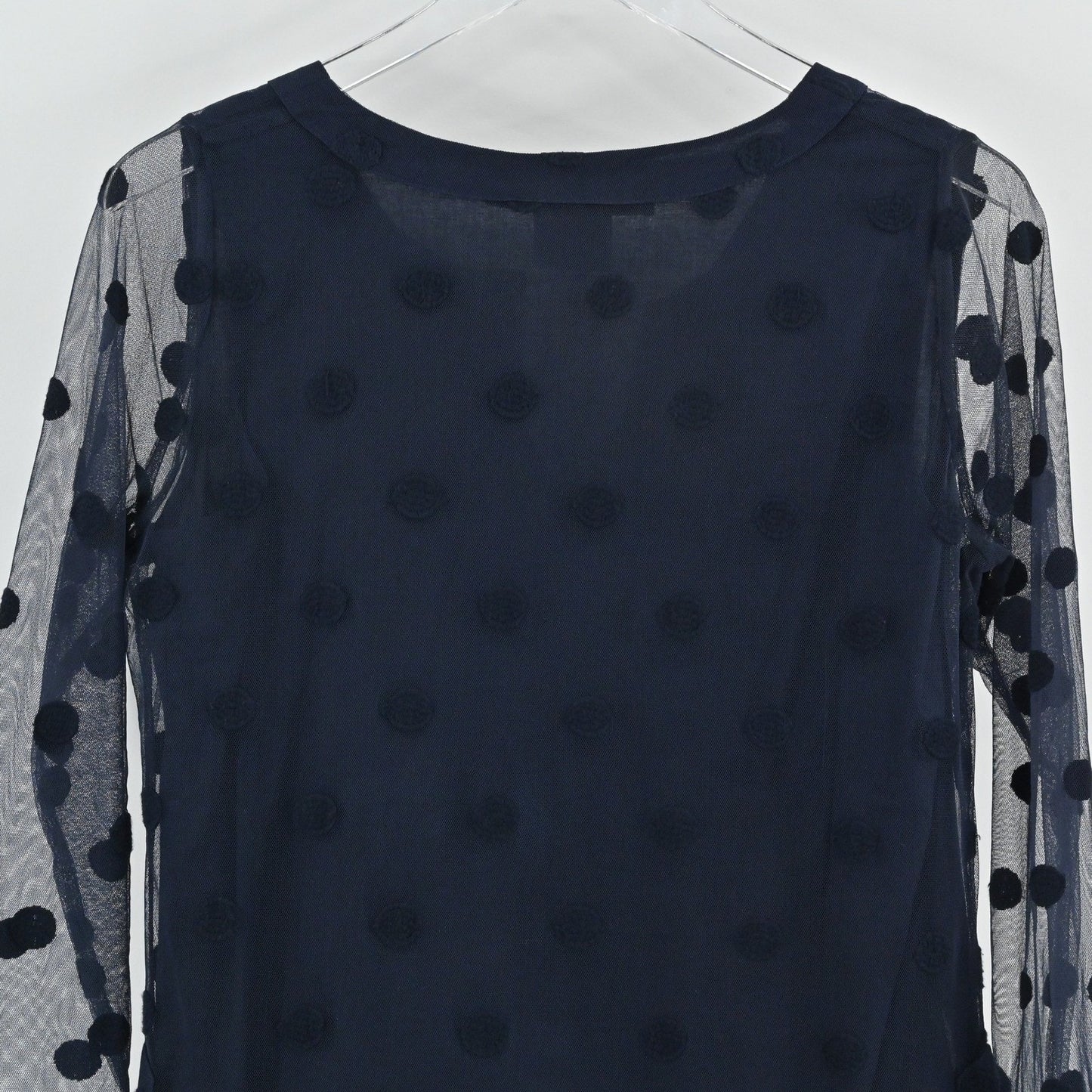 Gretchen Scott Womens Tunic Top Size S Navy Blue Polka Dot Mesh Overlay Delicate