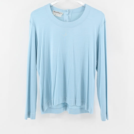 Vtg SALVATORE FERRAGAMO Top Womens Sz L Silk Blue Blouse Minimalist Quiet Luxury