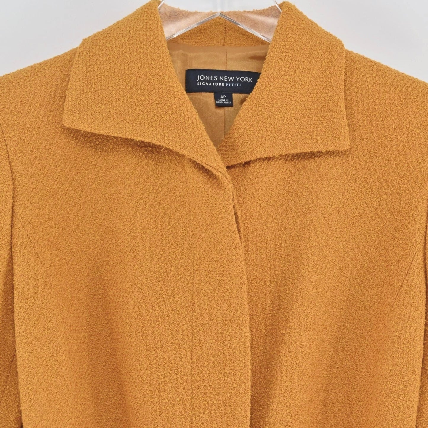 JONES NY Womens Tweed Wool Jacket Size 4 Petite Gold Yellow Belted Button Retro