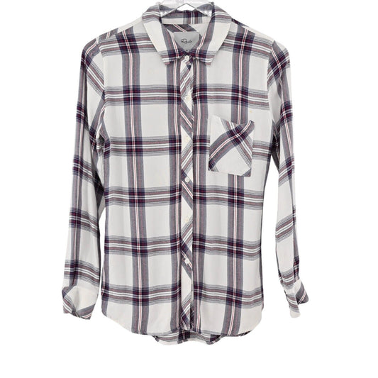 RAILS Top Womens Sz XS Hunter Button Down Plaid White Scarlet Long Sleeve Blouse