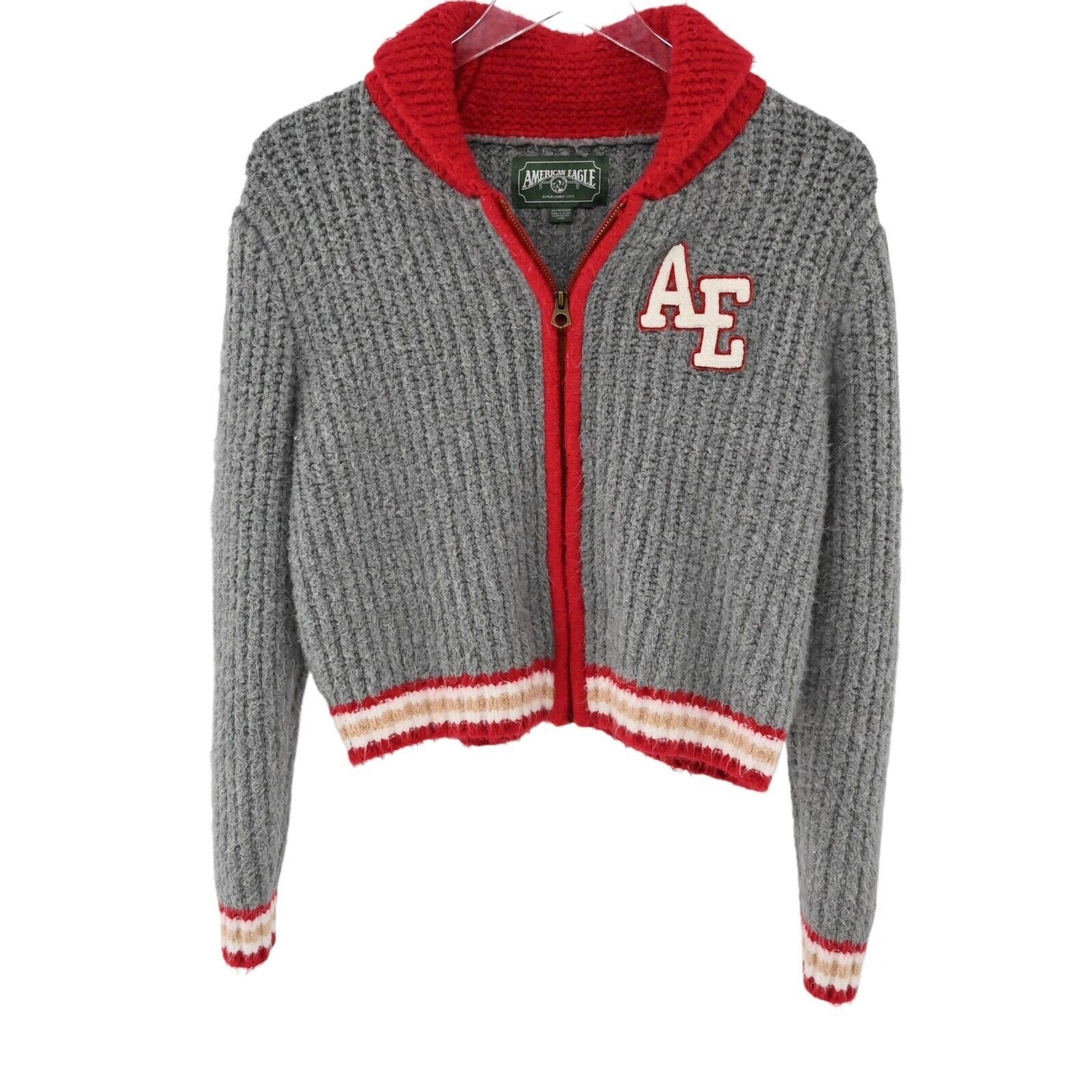 AMERICAN EAGLE Cardigan Womens Sz XS Gray Full Zip Crop Retro Varsity Letterman