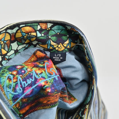 Robert Graham Mens Embroidered Stripe Collared Shirt Size L Blue Office Workwear