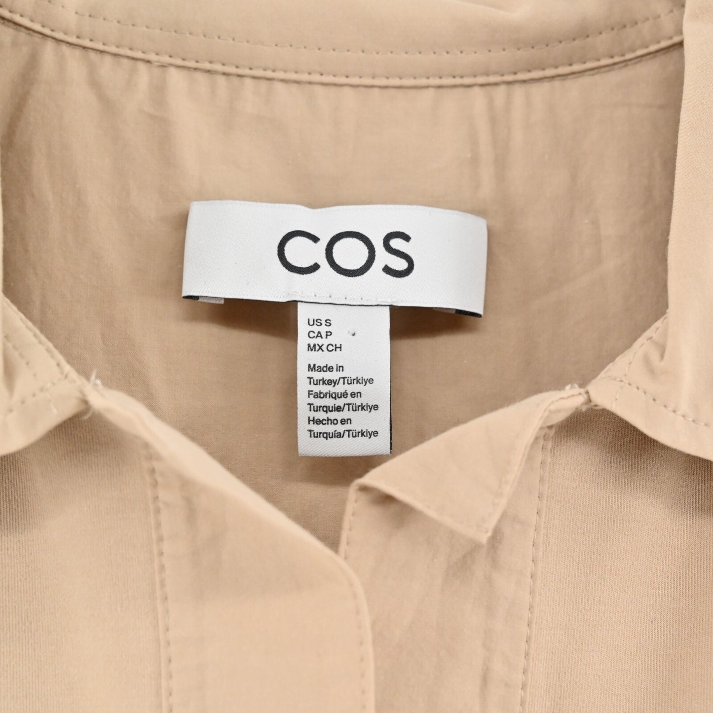 COS Khaki Shirt Dress Size S Open Collar Oversized Shift Casual Neutral Preppy
