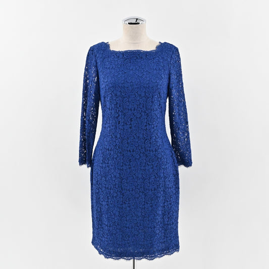 ADRIANNA PAPELL Dress Size 8 Blue Scalloped Lace Combo Quarter Sleeve Cocktail