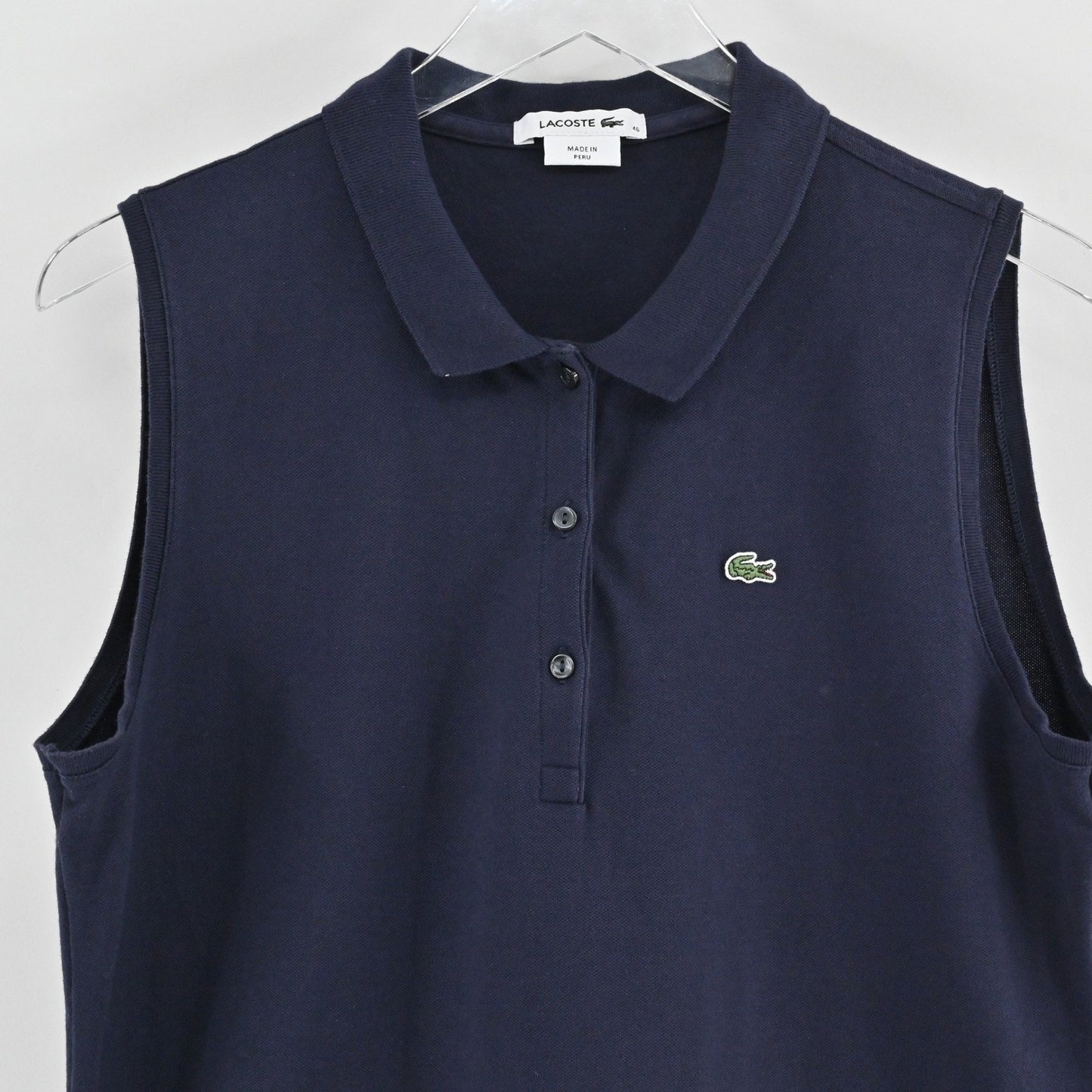 Lacoste Womens Stretch Golf Polo Top Size 46 Navy Cotton Sleeveless UV Protect