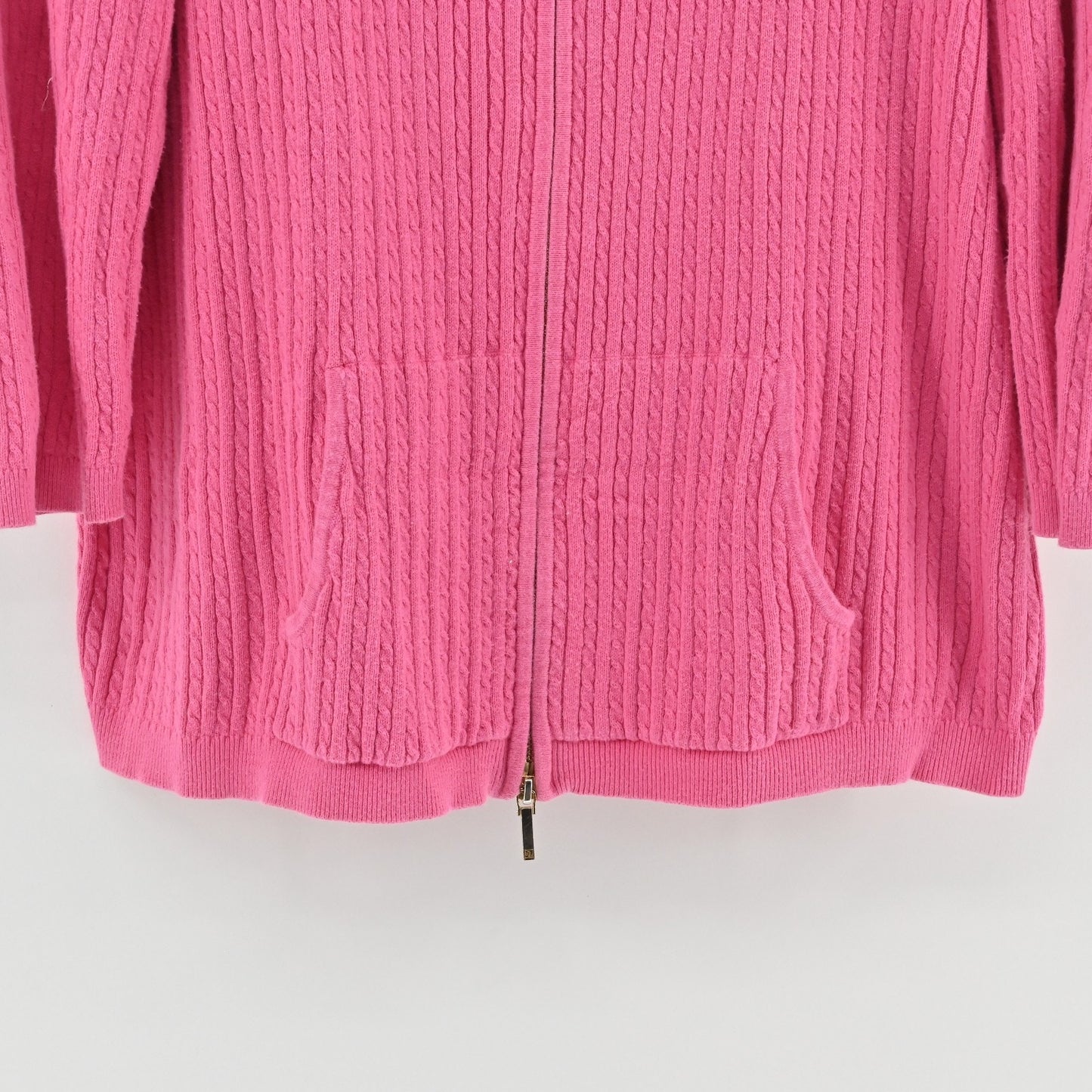 Ralph Lauren Womens Zip Cardigan Sweater Size L Pink Cable Knit Cotton Metallic
