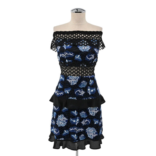 TOPSHOP Dress Womens Sz 10 Blue Floral Off The Shoulder Tiered Ruffle Lace Mini