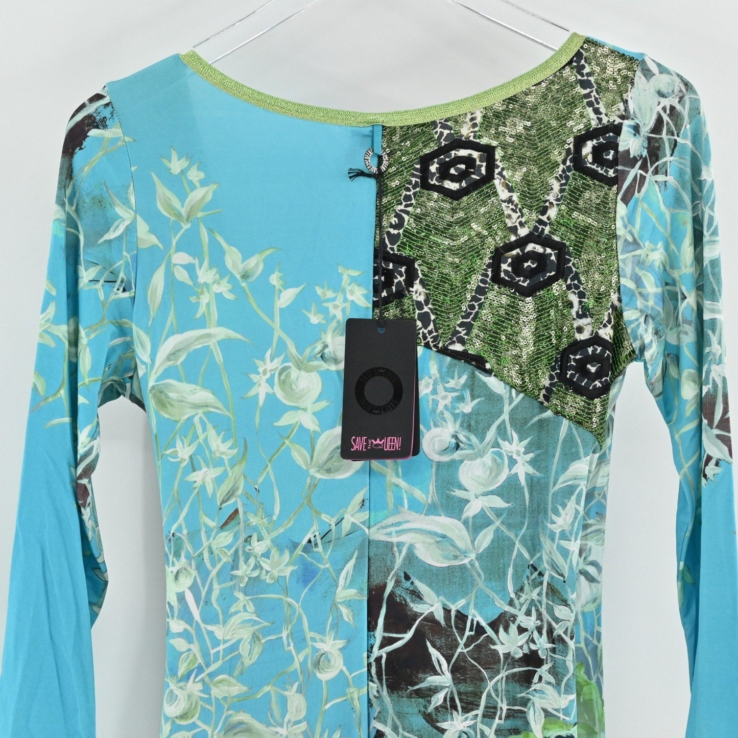 Save The Queen Wrap Dress Sz S Italy Turquoise Floral Mesh Long Sleeve Eclectic