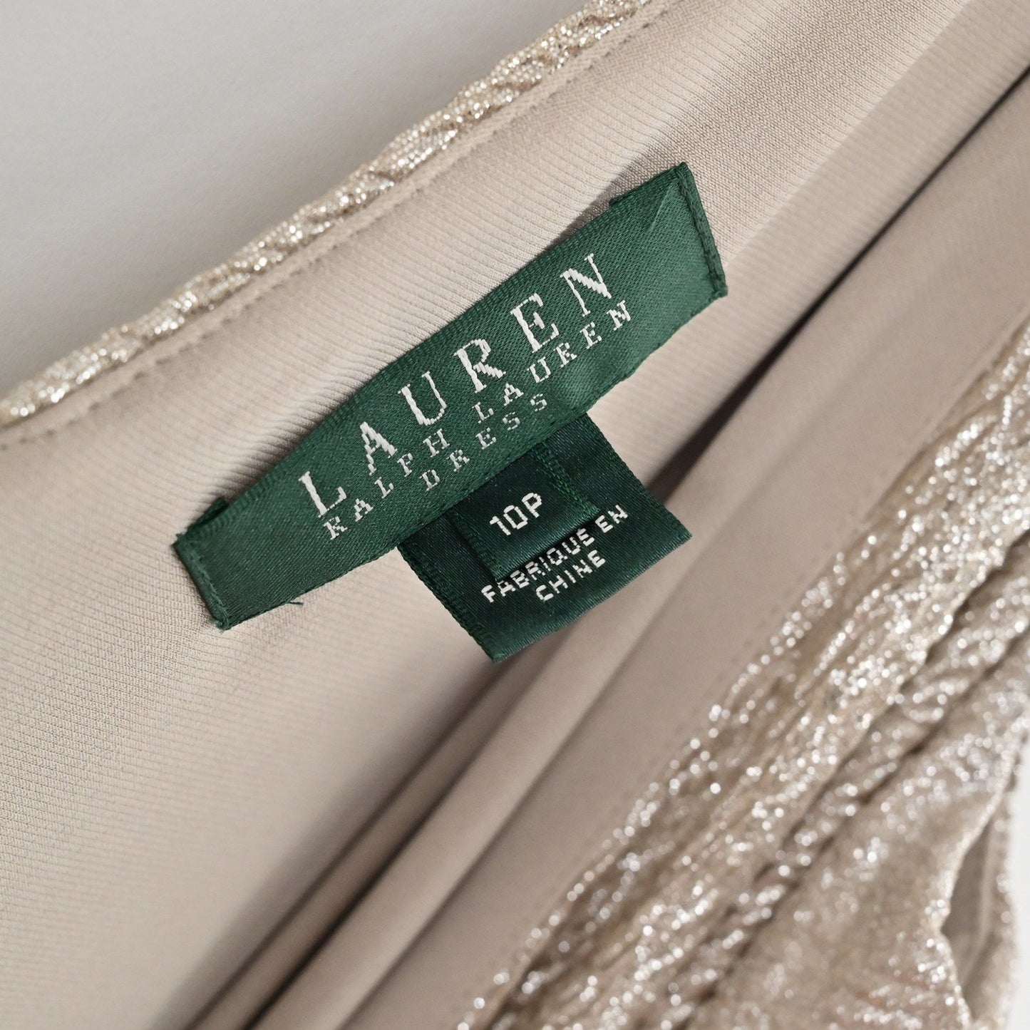 Ralph Lauren Metallic Faux Wrap Dress Size 10P Gold Sleeveless Sheath Cocktail