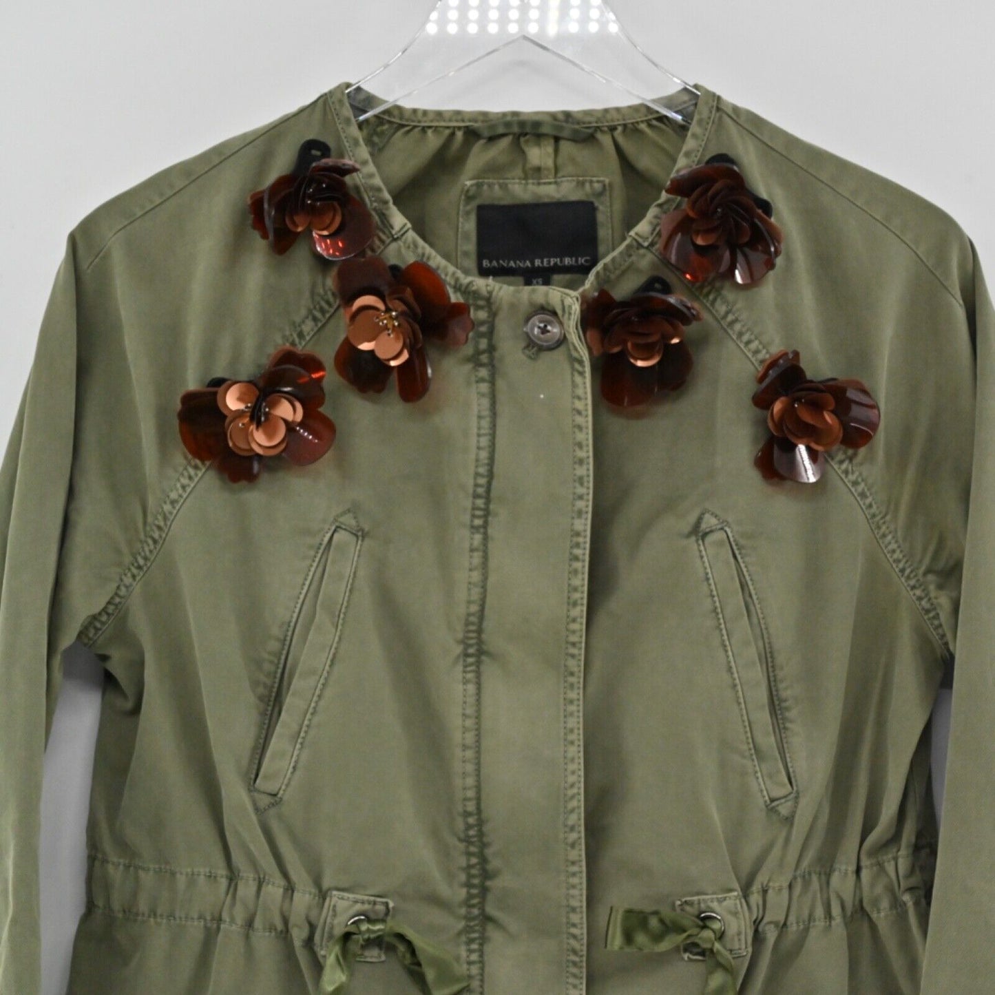 BANANA REPUBLIC Jacket Women Sz XS Green Cotton Floral Embellished Military Boho