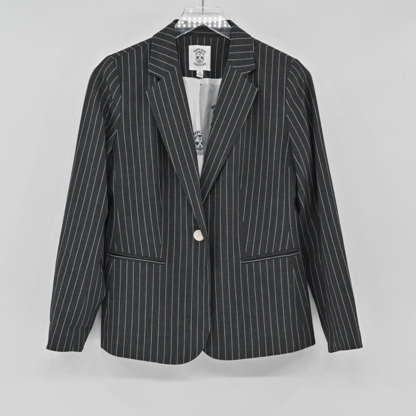HIPCHIK COUTURE Blazer Womens Sz 8 Gray Pinstripe Rhinestone Butterfly Retro Y2K