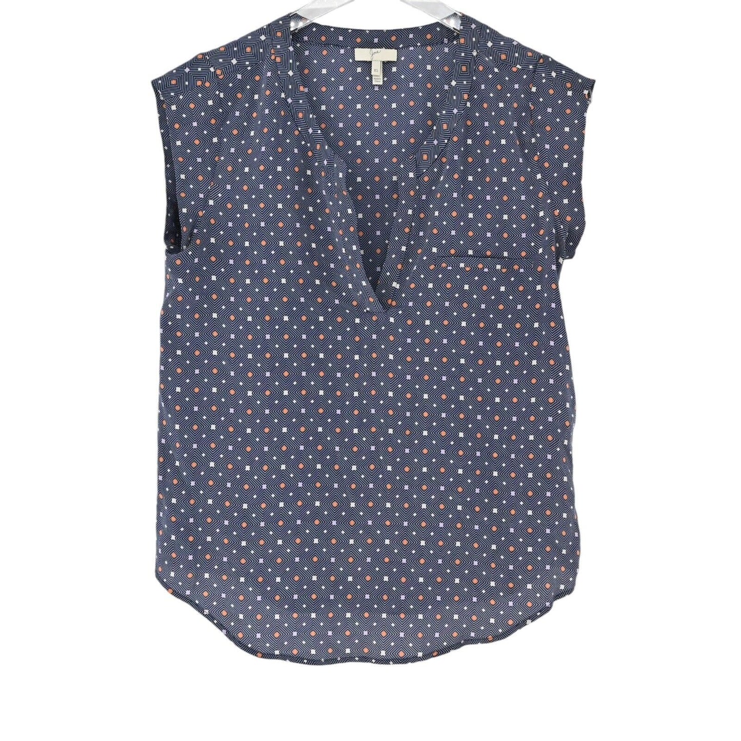 JOIE Top Womens Size XS Blue Geometric Print 100% Silk Ryanna Cap Sleeve VNeck