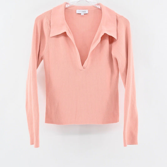 INTERMIX Top Womens Size XL Pink Ribbed Knit Cotton Long Sleeve Collared V Neck