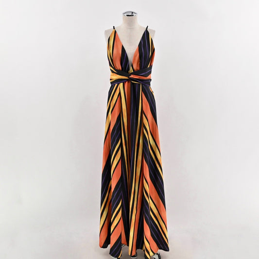 Luxxel Maxi Dress Dress L Multicolor Striped Sleeveless V Neck Twist Front Boho