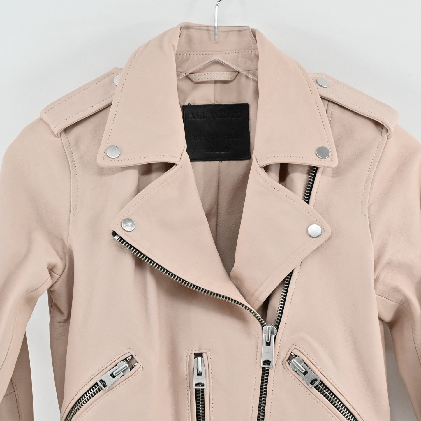 AllSaints Balfern Leather Biker Jacket Size 4 Beige Pink Lamb Rocker Edgy Moto
