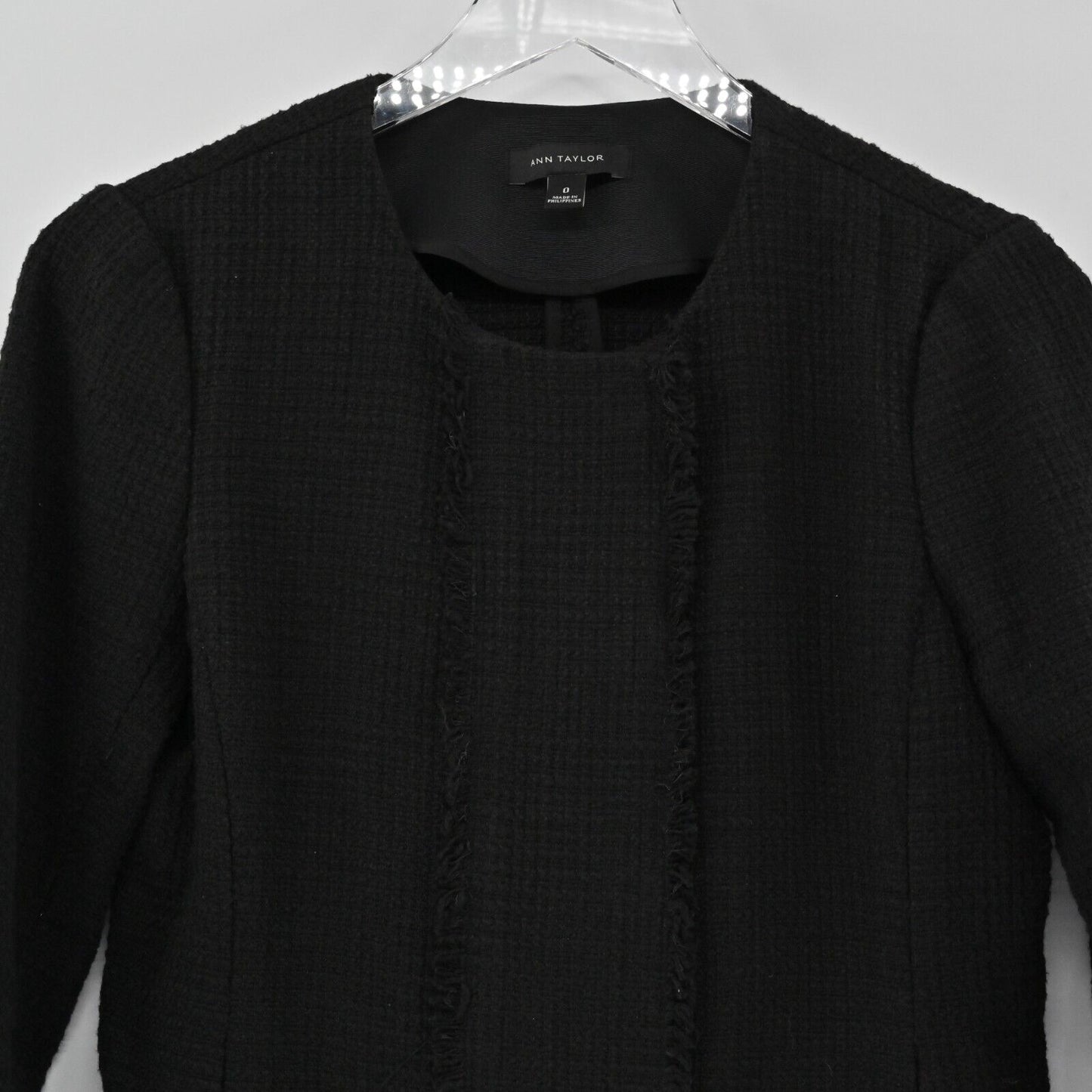 ANN TAYLOR Blazer Womens Size 0 Classic Black Fringe Tweed Long Sleeve Jacket
