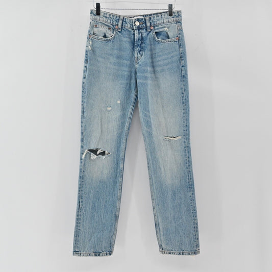 ZARA Womens Button Fly Jeans Size 4 Straight Leg Light Wash Distressed Mid Rise