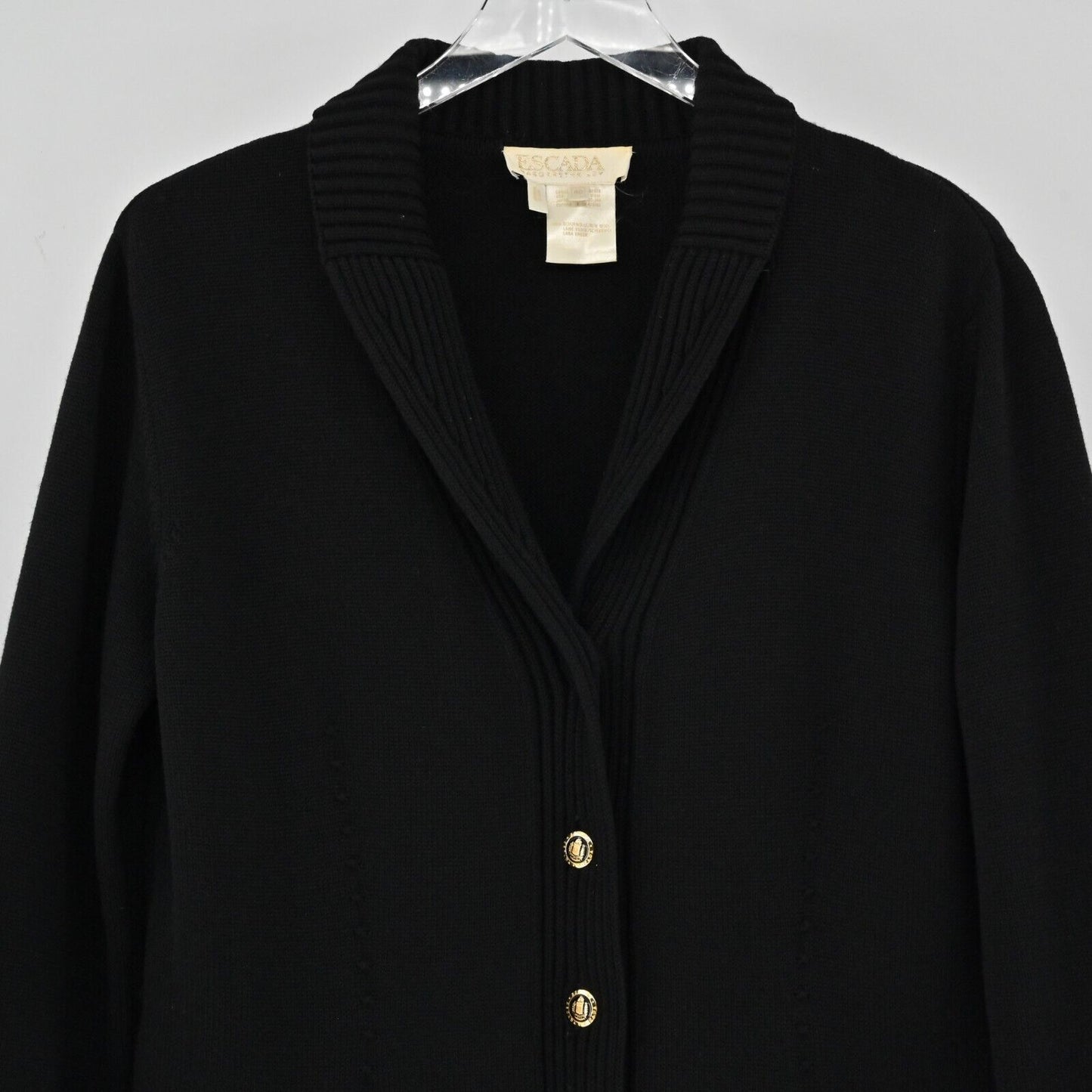Vtg ESCADA Jacket Womens EUR 40 / M Black Wool Knit Cardigan Gold Button Capsule