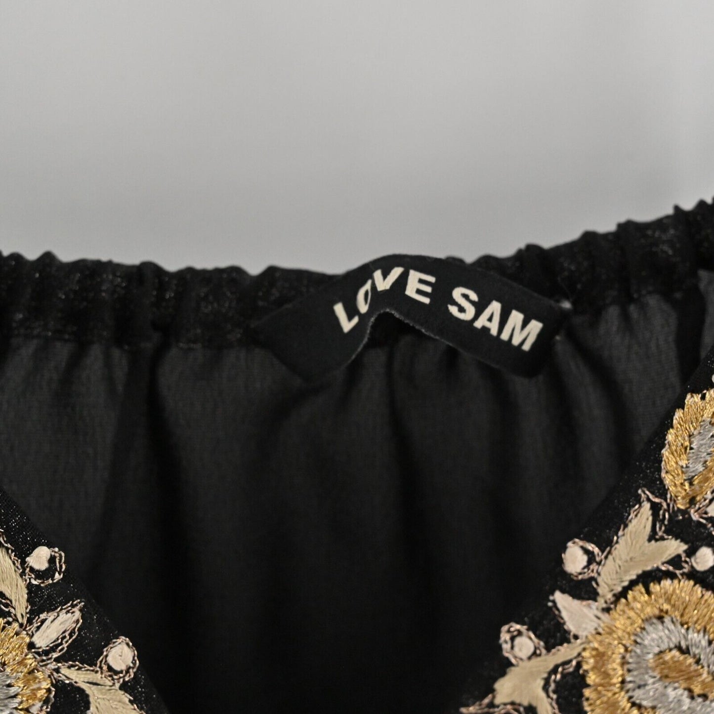 ANTHROPOLOGIE Womens Sz S Love Sam Cami Top Black Semi Sheer Embroidered Boho