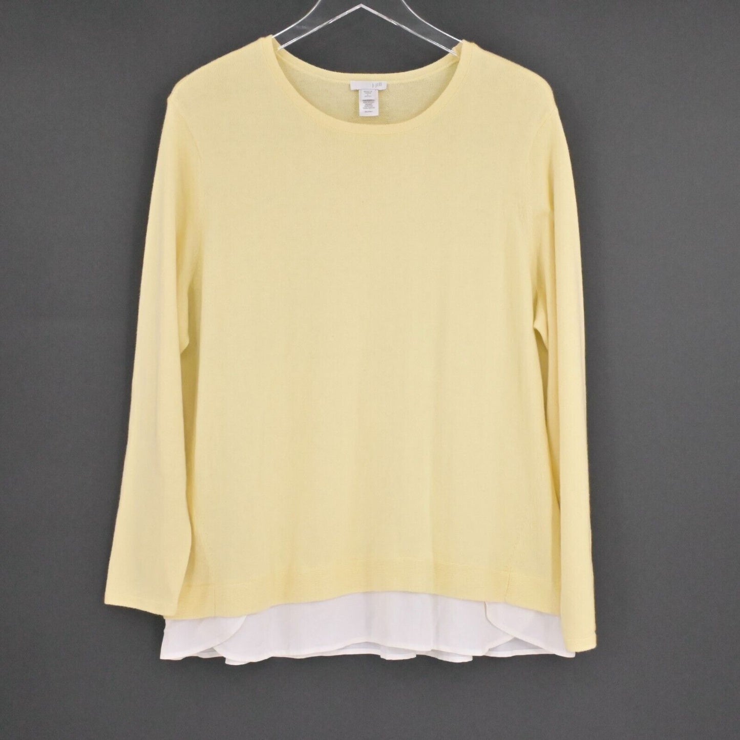 J JILL Sweater Womens Size L Petite Yellow Knit Cotton White Contrast Hem Preppy