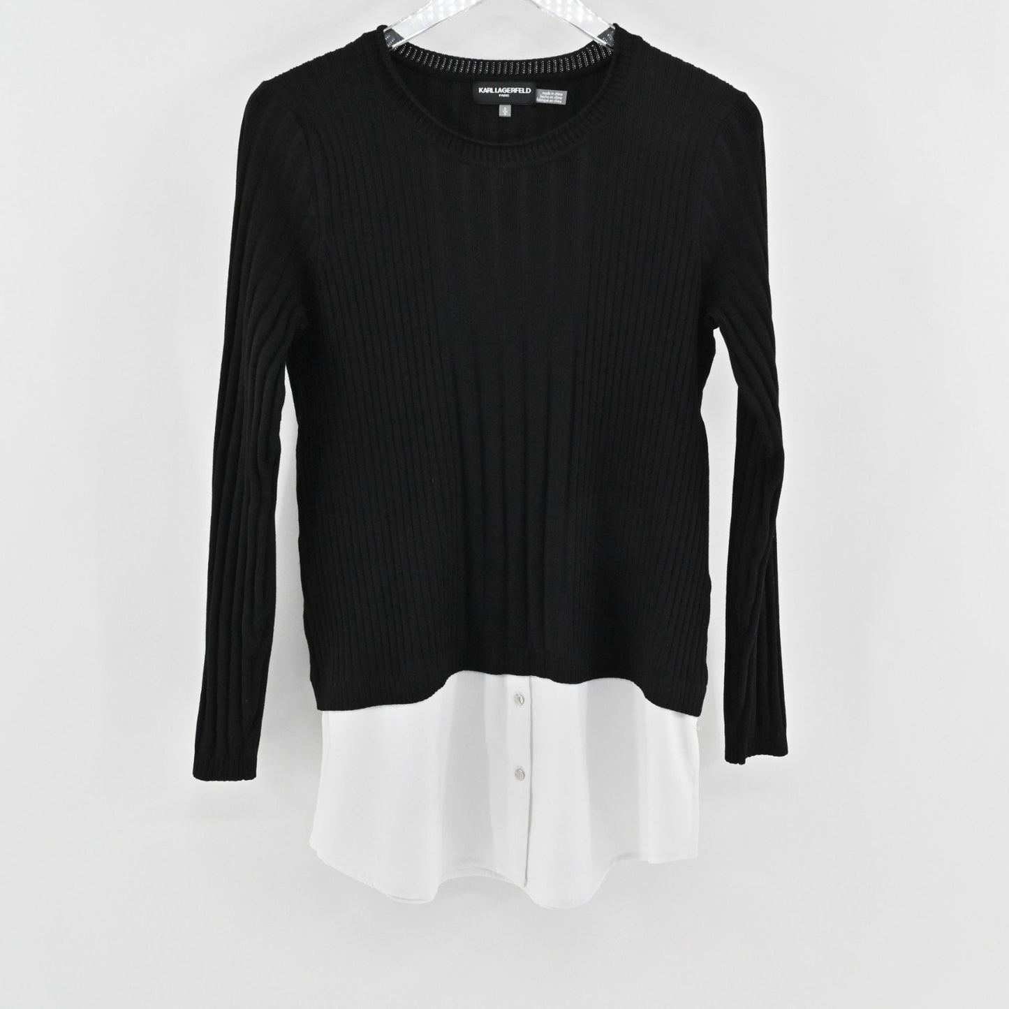 Karl Lagerfeld Womens Twofer Ribbed Sweater Size S Black White Mixed Media Top
