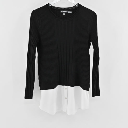 Karl Lagerfeld Womens Twofer Ribbed Sweater Size S Black White Mixed Media Top