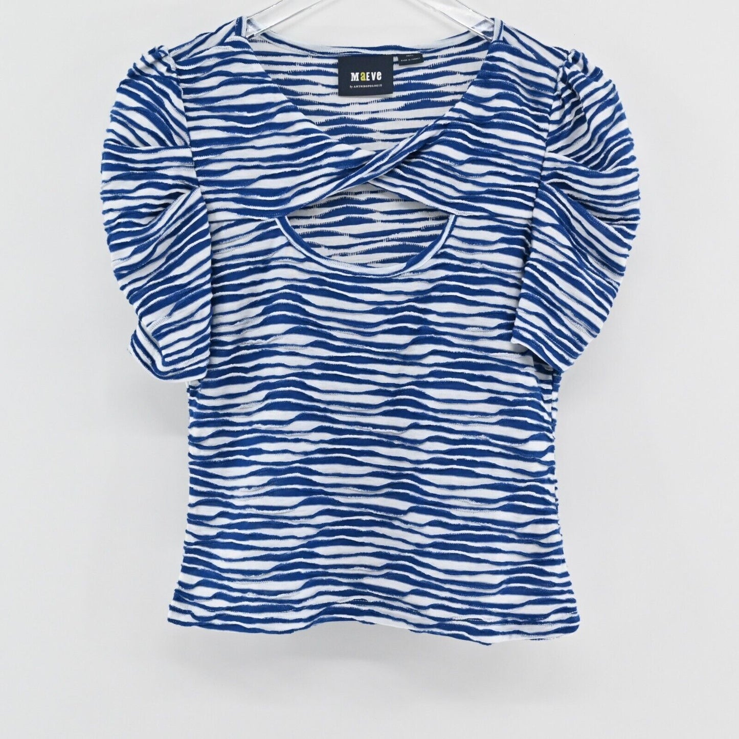 ANTHROPOLOGIE Top Womens Size S Blue Stripe Knit MAEVE Cutout Neck Puff Sleeve