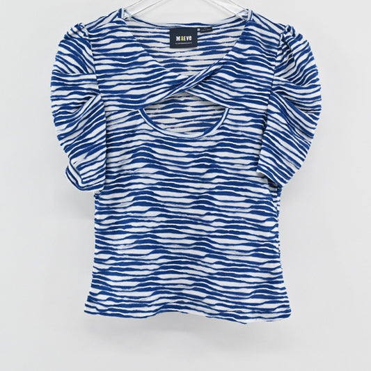 ANTHROPOLOGIE Top Womens Size S Blue Stripe Knit MAEVE Cutout Neck Puff Sleeve