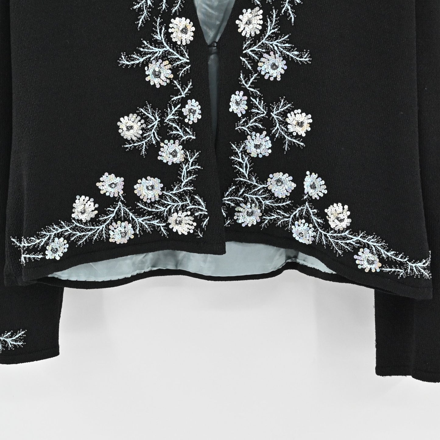 SIGRID OLSEN Womens Beaded Jacket Sz XL Black Sequin Floral Trim Knit Cardigan