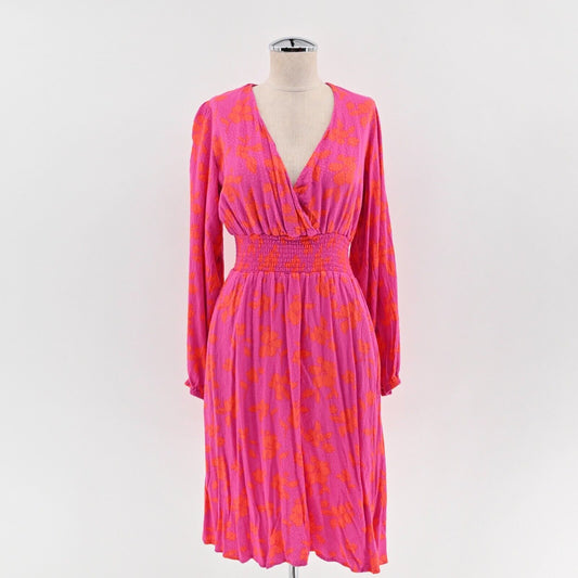 DRAPER JAMES Dress Size S Pink Orange Floral Smocked V Neck Balloon Long Sleeve