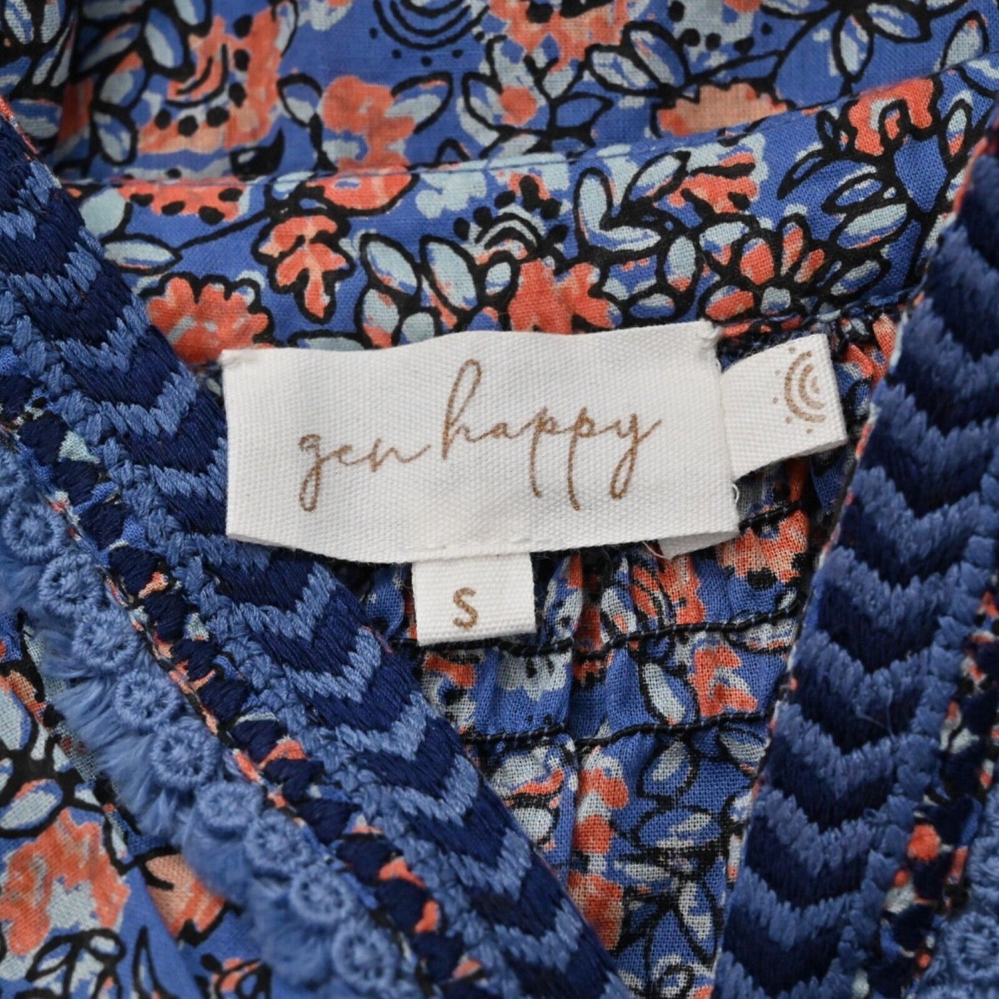 GEN HAPPY Energy Blouse Womens Size S Blue Floral 100% Cotton Embroidered Boho