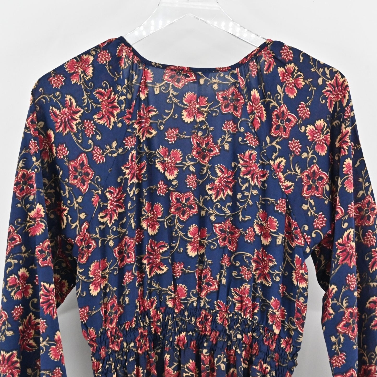 BOEMO Dress Size LP Navy Red Long Sleeve VNeck Tie Waist Floral Print Boho Maxi