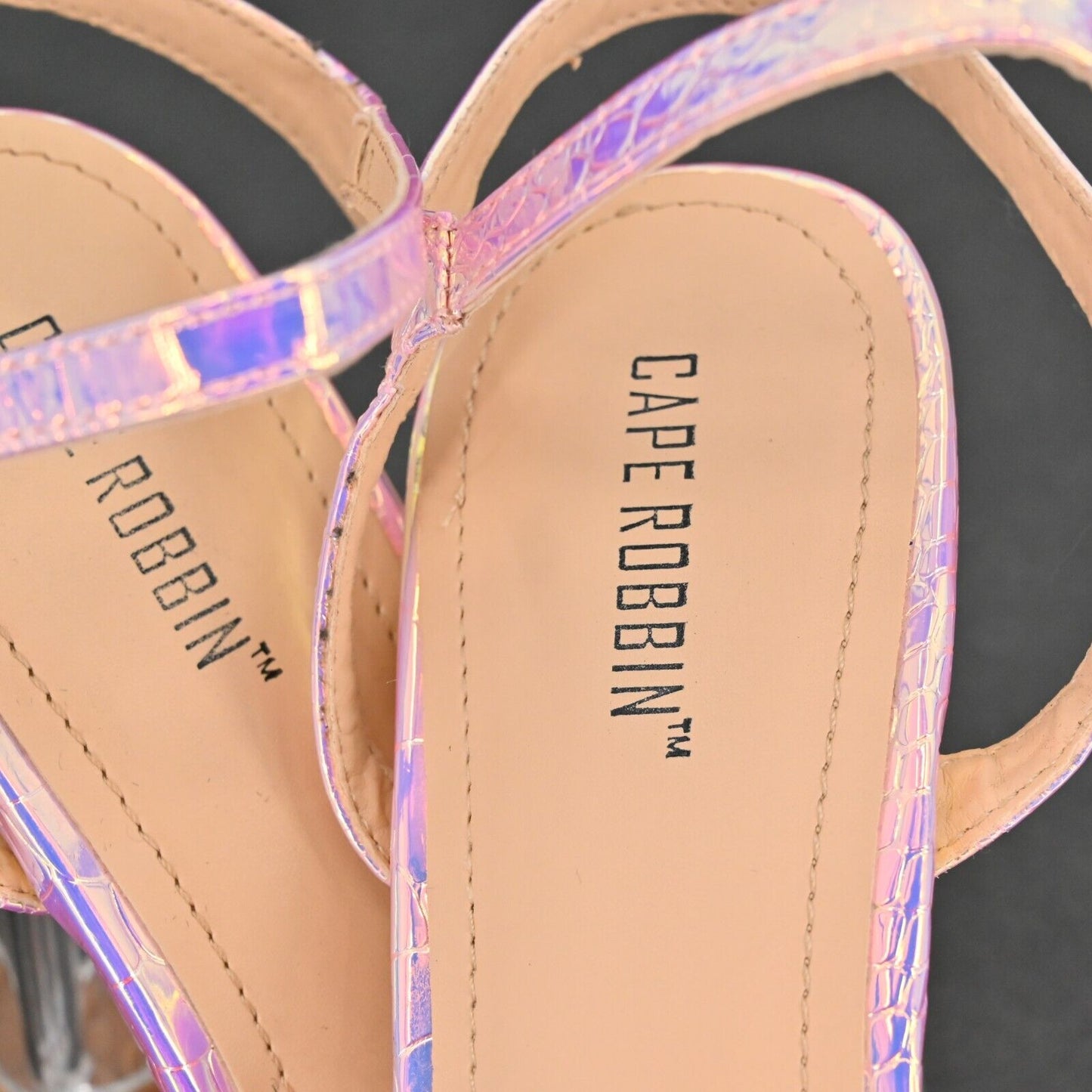 CAPE ROBBIN Heels Womens Size 8.5 Iridescent Purple Croc Clear Block Ankle Strap